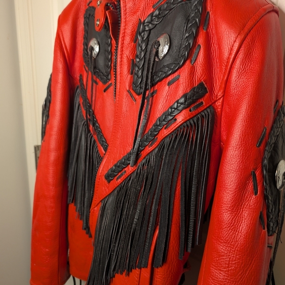 Motorcycle Leather Jacket Womens Fringe Red Unik International Moto XL VTG - Picture 5 of 8